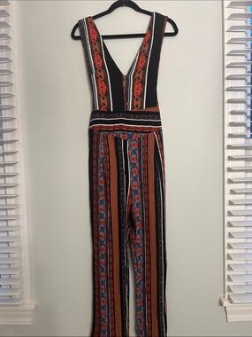 Free People Black, Rust & Blue Striped V-Neck Romper Jumpsuit